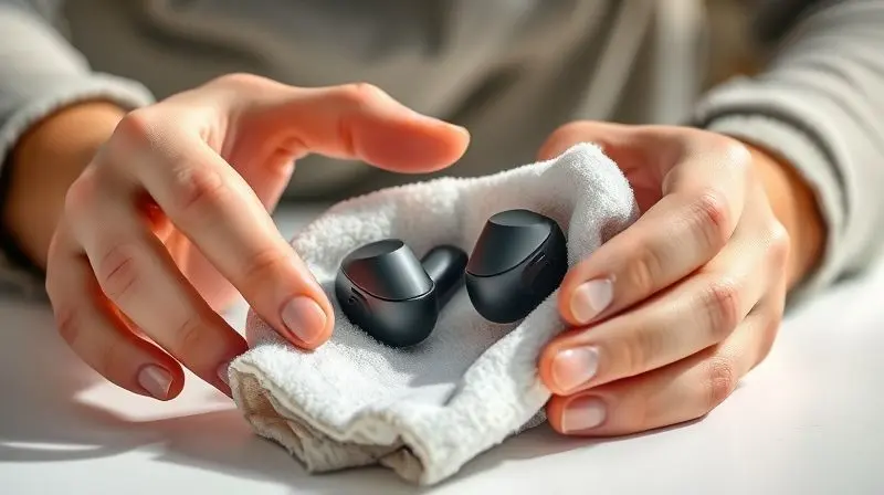 Pessoa limpando cuidadosamente um par de fones de ouvido Bluetooth com um pano de microfibra, demonstrando como cuidar do aparelho.