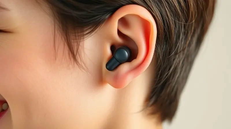 Close-up de um fone tradutor ergonômico na orelha de uma pessoa, destacando o design confortável e a facilidade de uso do aparelho.