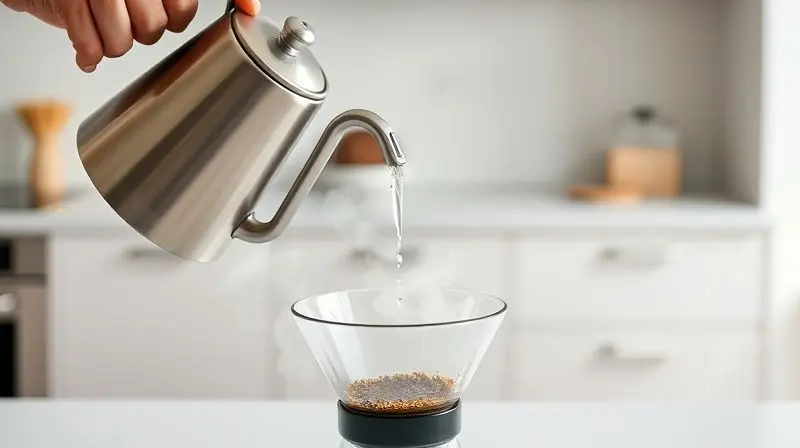 Mãos de uma pessoa despejando água em movimentos circulares com uma chaleira gooseneck sobre o pó de café para uma extração uniforme.