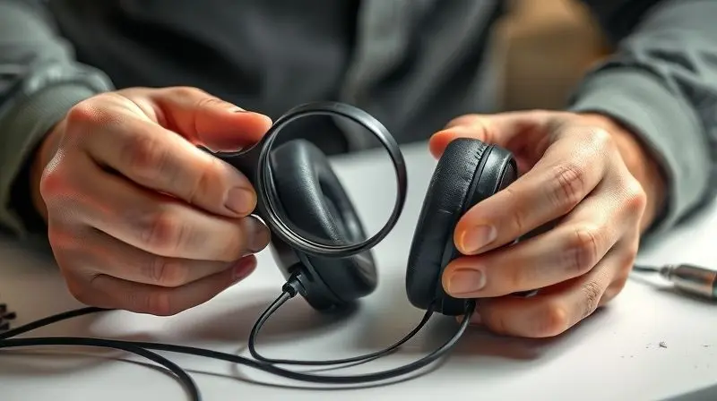 Uma pessoa diagnosticando o defeito de um fone de ouvido, inspecionando o cabo com uma lupa para encontrar o problema antes do conserto.