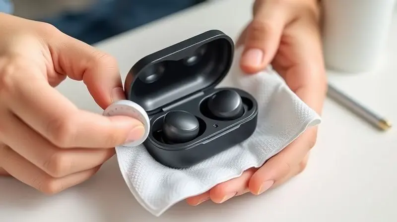 Pessoa realizando a limpeza e manutenção de fones de ouvido TWS e do estojo de carregamento para garantir bom funcionamento.