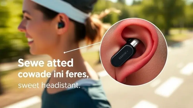 Close-up no ouvido de uma pessoa correndo, mostrando um fone de ouvido intra-auricular para esportes bem ajustado e resistente ao suor durante a atividade física.
