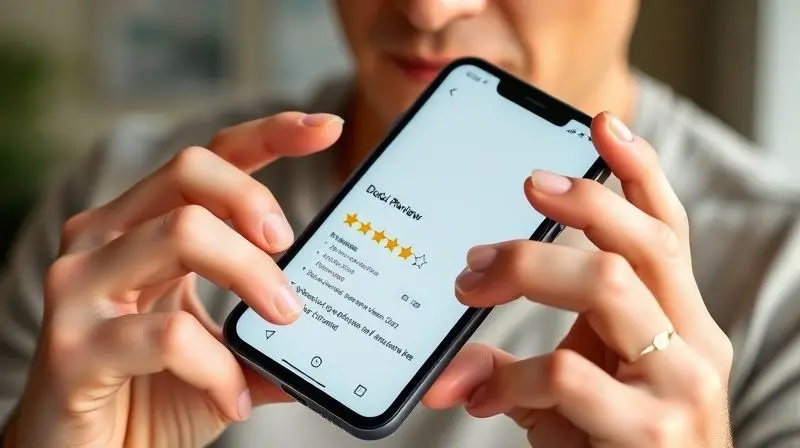 Pessoa analisando cuidadosamente as avaliações de um produto em um smartphone antes de comprar, para evitar uma má escolha.