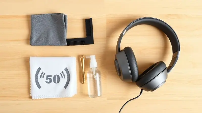 Itens para limpeza e conservação de fones de ouvido, incluindo pano de microfibra e escova macia, organizados ao lado de um fone de ouvido.