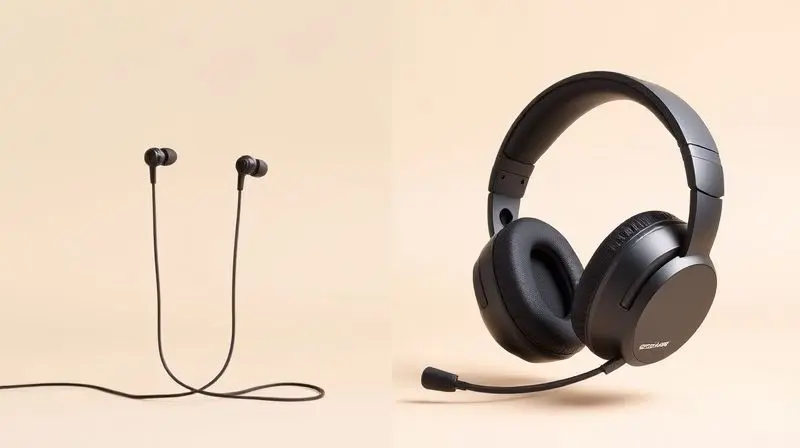 Comparação lado a lado entre um fone de ouvido com microfone embutido e um headset gamer com microfone externo.