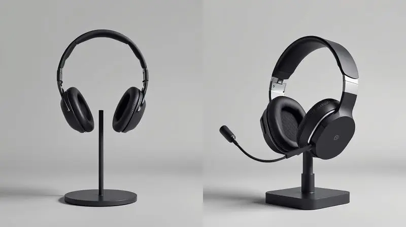 Comparativo visual mostrando um headphone de música lado a lado com um headset gamer, destacando o microfone.