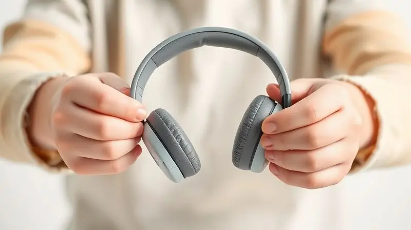 Criança testando a flexibilidade de um fone de ouvido infantil, o que demonstra sua durabilidade e resistência para o uso diário e quedas.