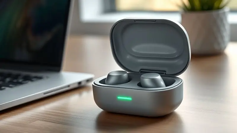Estojo de carregamento moderno de fones de ouvido sem fio aberto em uma mesa, com um LED brilhante indicando a carga completa da bateria.