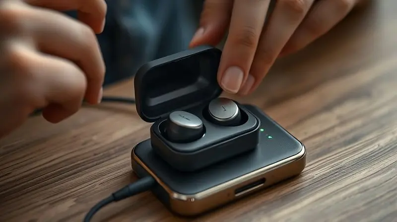 Fones de ouvido sem fio sendo colocados no estojo de carregamento conectado a um power bank, ilustrando a importância da duração da bateria.