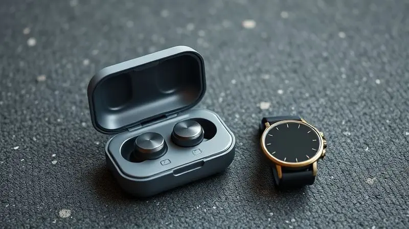 Estojo de carregamento de fones de ouvido para corrida ao lado de um relógio esportivo, simbolizando longa duração da bateria para treinos longos.