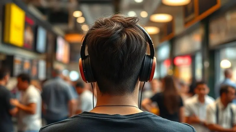 Pessoa usando fones de ouvido com cancelamento de ruído em um café barulhento, demonstrando um ambiente de foco e tranquilidade criado pela tecnologia.