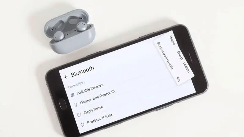 Tela de um smartphone mostrando a lista de dispositivos Bluetooth disponíveis para emparelhamento, ao lado de um acessório sem fio, ilustrando o guia.