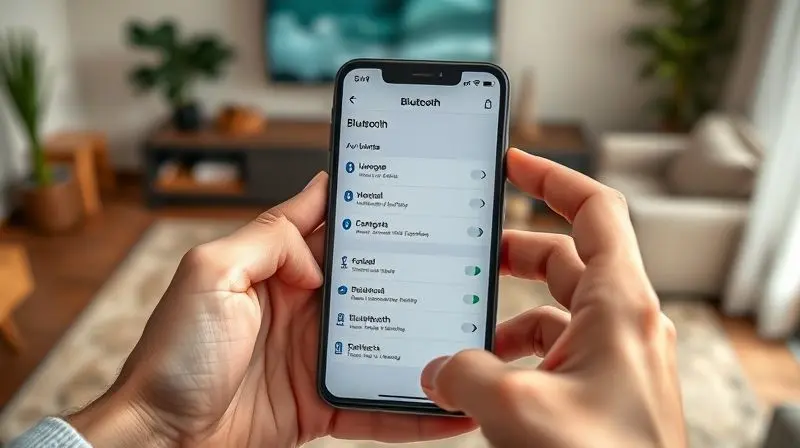 Pessoa segurando um iPhone e visualizando a tela de configurações de Bluetooth para emparelhar um novo fone de ouvido sem fio.