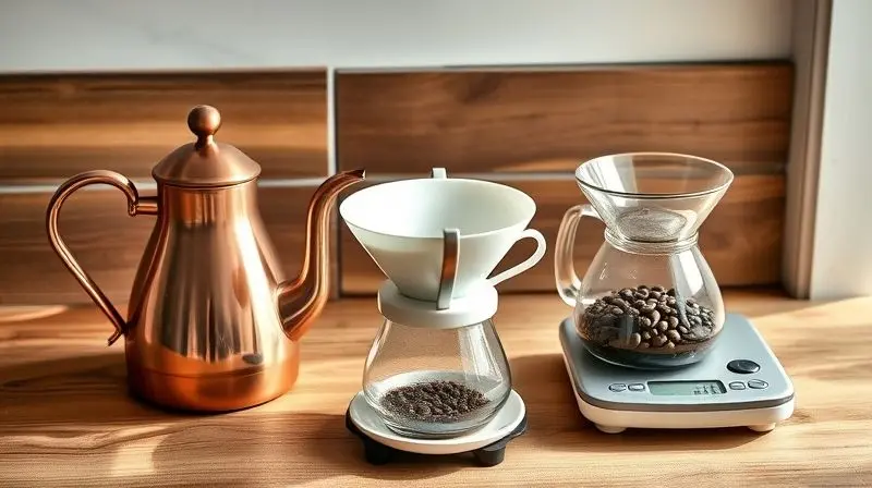 Equipamentos essenciais para fazer café coado dispostos em uma bancada de madeira: chaleira gooseneck, coador de cerâmica, balança e jarra de vidro.