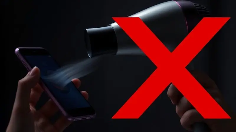 Imagem de um secador de cabelo apontado para um celular com um X vermelho sobreposto, simbolizando o erro de usar calor para secar eletrônicos.