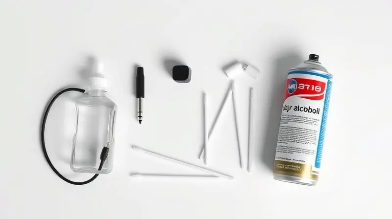 Ferramentas necessárias para limpar a entrada de fone de ouvido, organizadas em uma bancada: álcool isopropílico, cotonetes e ar comprimido.
