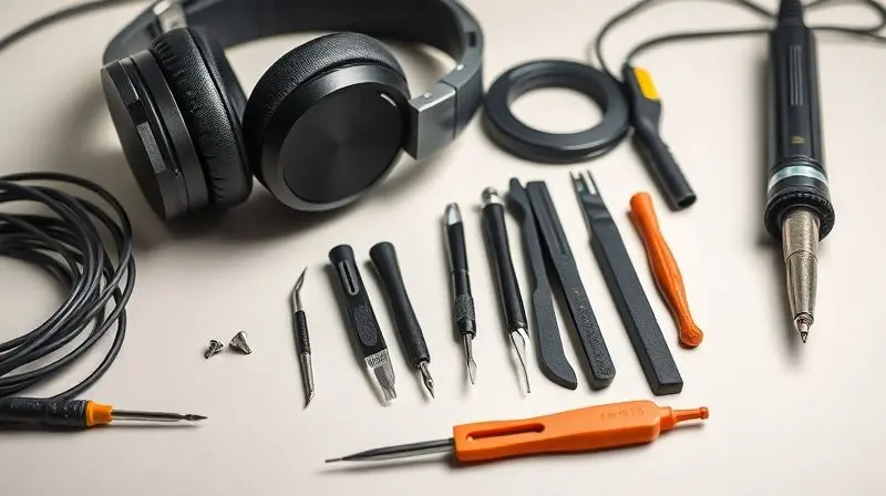 Conjunto de ferramentas e materiais necessários para abrir e consertar um fone de ouvido bluetooth, organizados em uma bancada de trabalho limpa.