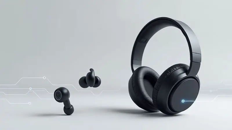 Ilustração conceitual para a ficha técnica comparativa de um fone TWS e um headphone, com gráficos de tecnologia sobrepostos aos produtos.