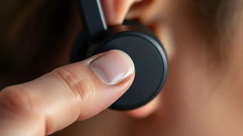Close de um dedo pressionando o botão de um fone de ouvido sem fio para ativar o modo de pareamento, indicado por uma luz azul piscando.
