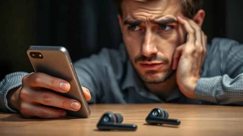 Pessoa com olhar frustrado olhando para um fone Bluetooth e um celular, ilustrando problemas de conexão e o que fazer.