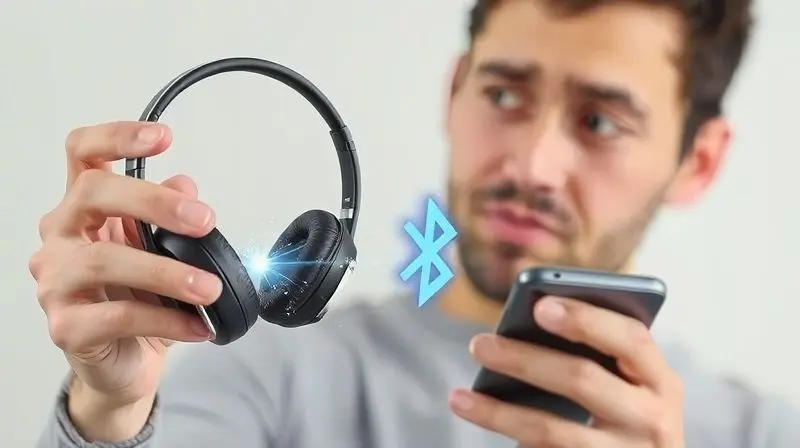 Pessoa com expressão de dúvida segurando um fone Bluetooth que não conecta, com um ícone de conexão falhando, simbolizando problemas de pareamento.