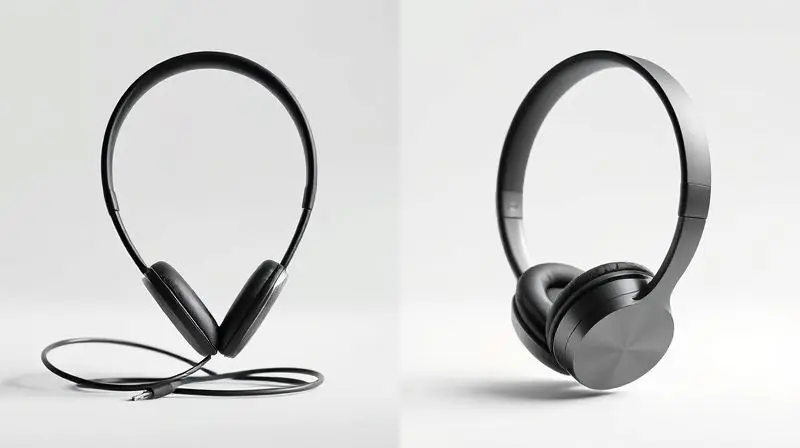 Comparativo visual entre um fone de ouvido com fio e um modelo sem fio Bluetooth, destacando as diferenças de design e conexão para o usuário.