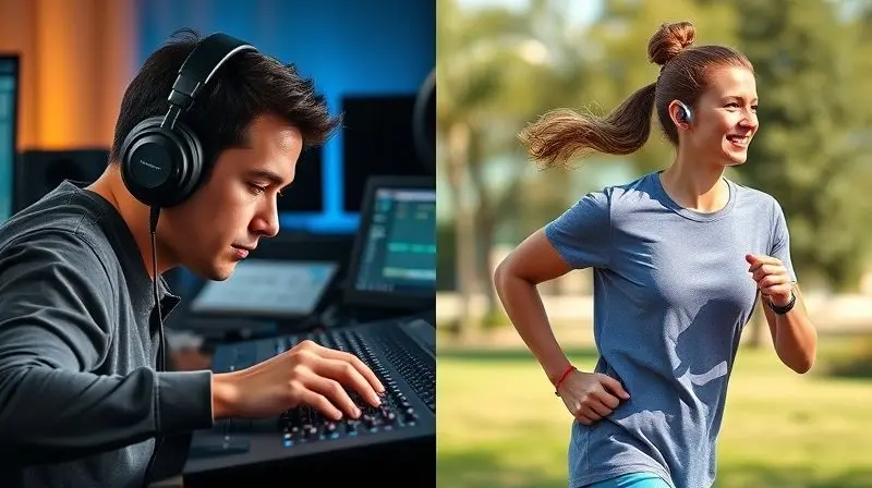 Comparativo entre fone de ouvido com fio para uso profissional e fone sem fio para atividades físicas, ilustrando a melhor escolha para cada necessidade.