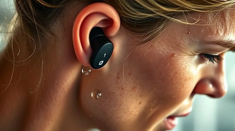 Close-up de fones de condução óssea com gotas de água, ilustrando sua classificação IP e resistência para uso em atividades físicas intensas.
