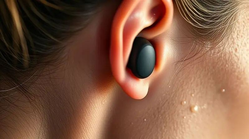Close-up do ouvido de uma pessoa em movimento, mostrando um fone de ouvido intra-auricular com design esportivo firmemente ajustado durante um treino.