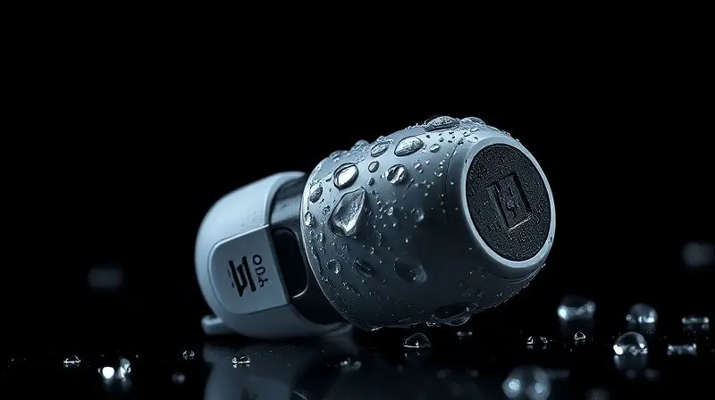 Um fone de ouvido sem fio coberto por gotas de água realistas, demonstrando sua alta resistência ao suor e à chuva para corredores.