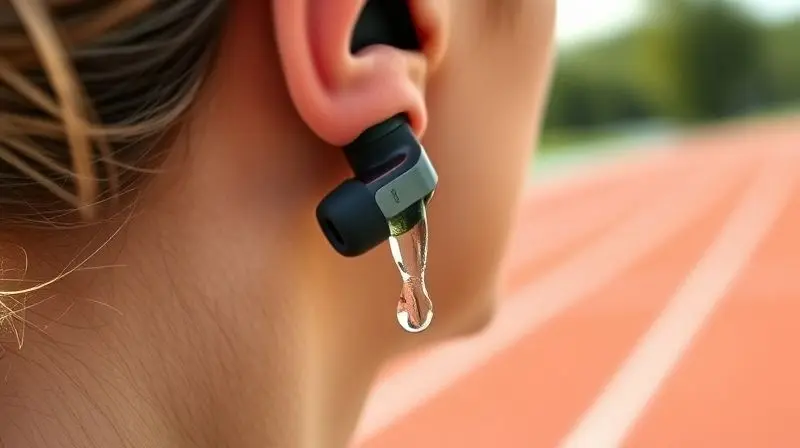 Close-up de um atleta usando um fone de ouvido intra-auricular resistente ao suor e à água durante a prática de esportes ao ar livre.