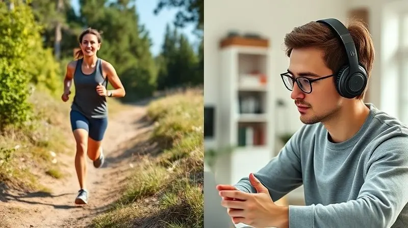 Comparativo visual de uma pessoa usando fone de ouvido para esportes ao ar livre e outra pessoa usando fone para trabalho no dia a dia.