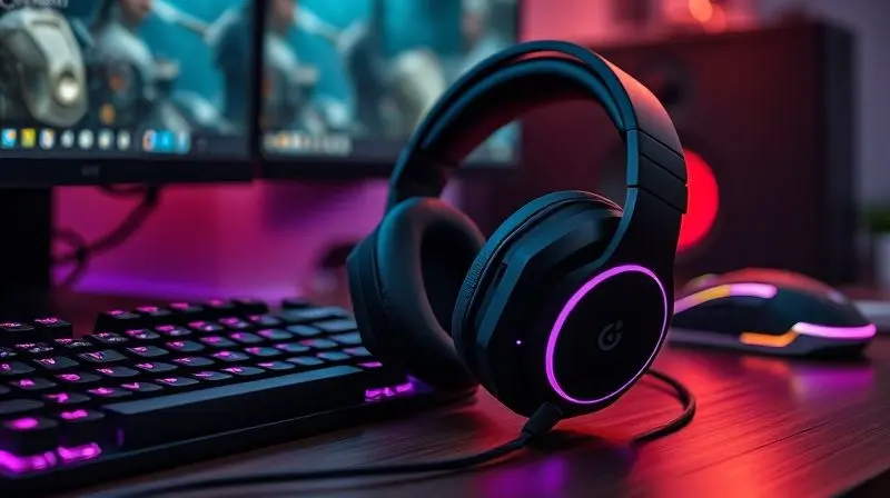 Análise do headset gamer H'Maston, mostrando um fone de ouvido para jogos em uma mesa com teclado e mouse iluminados.