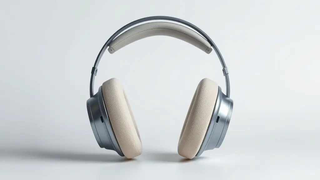 Um par de fones de ouvido modernos com cancelamento de ruído ativo (ANC) em um fundo de estúdio limpo, destacando o design e a tecnologia.