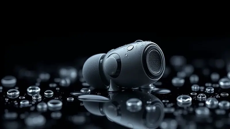 Fotografia macro de um fone de ouvido sem fio preto com gotas de água realistas em sua superfície, destacando a certificação IP de resistência.
