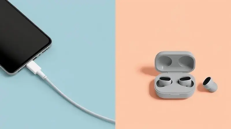Imagem conceitual dividida ao meio, mostrando um fone de ouvido com fio USB-C de um lado e um fone sem fio Bluetooth do outro.