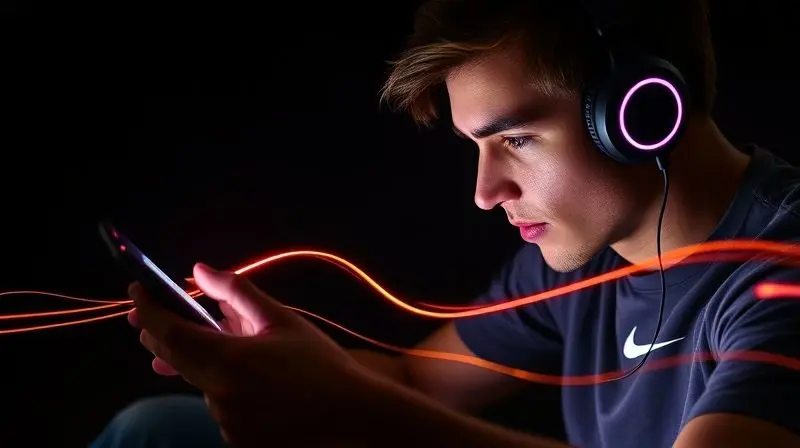 Pessoa jogando em um tablet com fones sem fio, ilustrando uma conexão Bluetooth de baixa latência, ideal para jogos e vídeos.