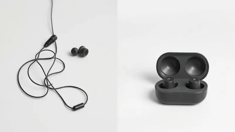 Comparativo visual entre um fone de ouvido intra-auricular com fio emaranhado e um modelo moderno sem fio ao lado de seu estojo de carregamento.