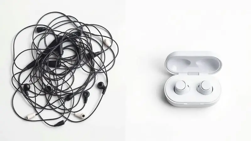 Comparativo visual mostrando a praticidade de um fone de ouvido sem fio e a inconveniência de um modelo com fio emaranhado.