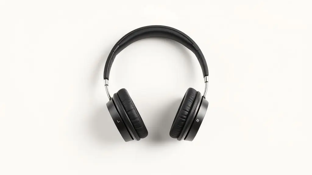 Um par de fones de ouvido modernos sobre uma superfície limpa, destacando as marcações L (esquerda) e R (direita) em cada lado para áudio estéreo.