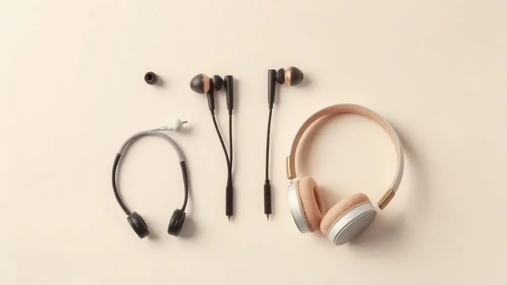 Guia completo com os principais tipos de fone de ouvido: auriculares, intra-auriculares, supra-auriculares e circumaural, organizados em fundo neutro.