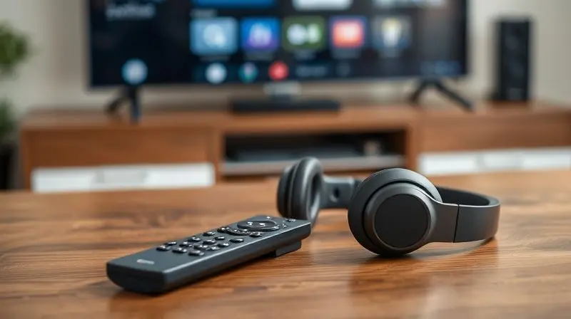 Um controle remoto moderno e um fone de ouvido sem fio ao lado de uma TV, ilustrando o guia de conexão para diferentes marcas e sistemas operacionais.