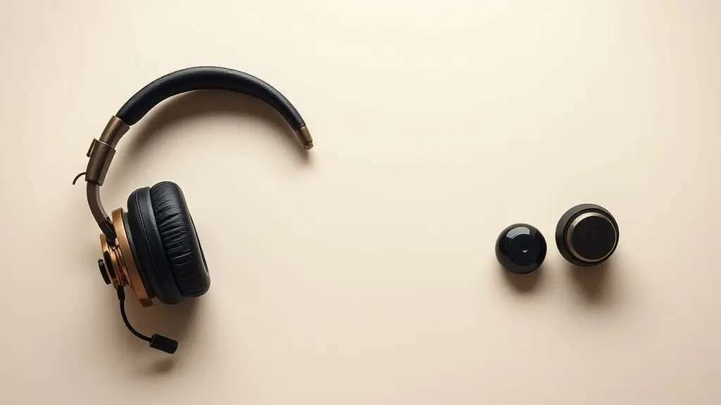 Uma imagem mostrando a evolução dos fones de ouvido, com um modelo vintage de 1890 ao lado de um fone de ouvido sem fio moderno e minimalista.