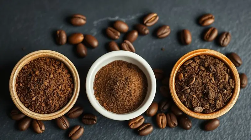 Três recipientes mostrando a diferença visual entre a moagem de café grossa, média e fina, essenciais para o sabor do café coado.