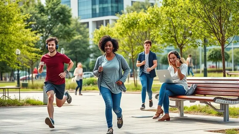 Pessoas em um parque urbano usando diferentes tipos de fones de ouvido em suas atividades diárias, mostrando o impacto dos fones na sociedade.