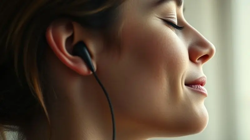 Close-up de uma pessoa com fone de ouvido intra-auricular perfeitamente encaixado na orelha, demonstrando a importância de um bom ajuste para a audição.