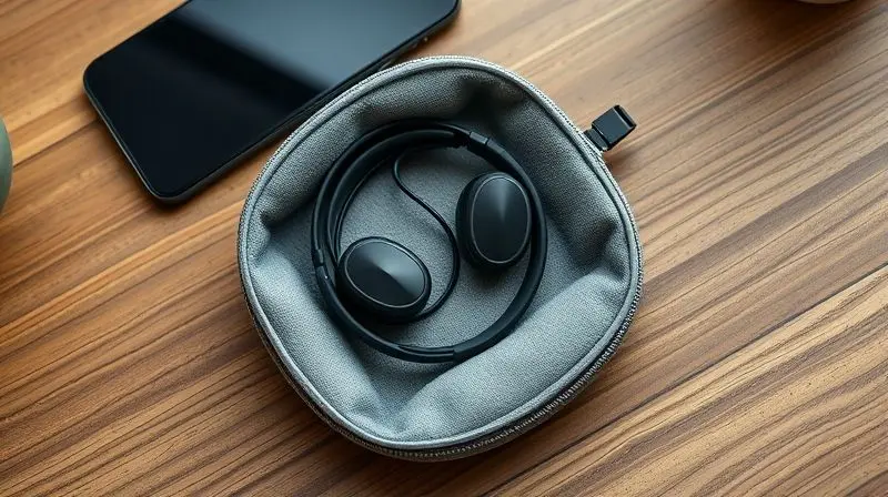Fone de ouvido com fio sendo colocado cuidadosamente dentro de um estojo de proteção cinza para garantir sua durabilidade e segurança.