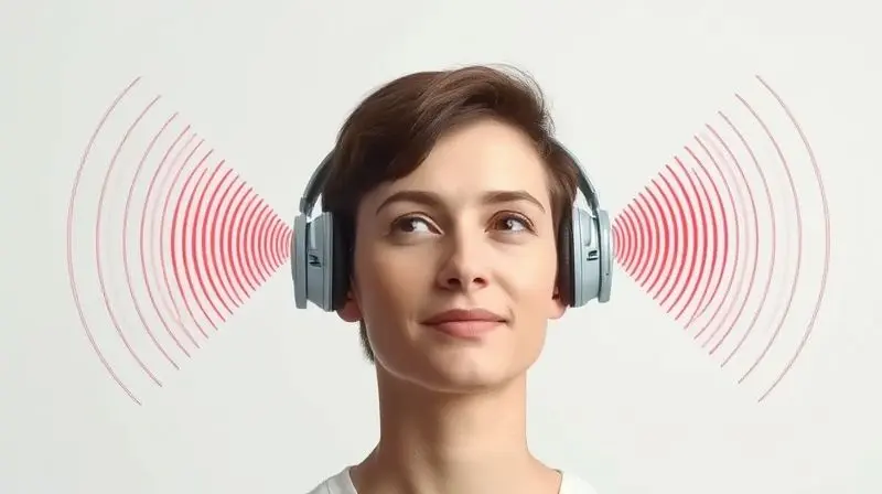 Ilustração conceitual do som estéreo com ondas sonoras entrando corretamente nos ouvidos esquerdo e direito de uma pessoa, demonstrando a imersão sonora.