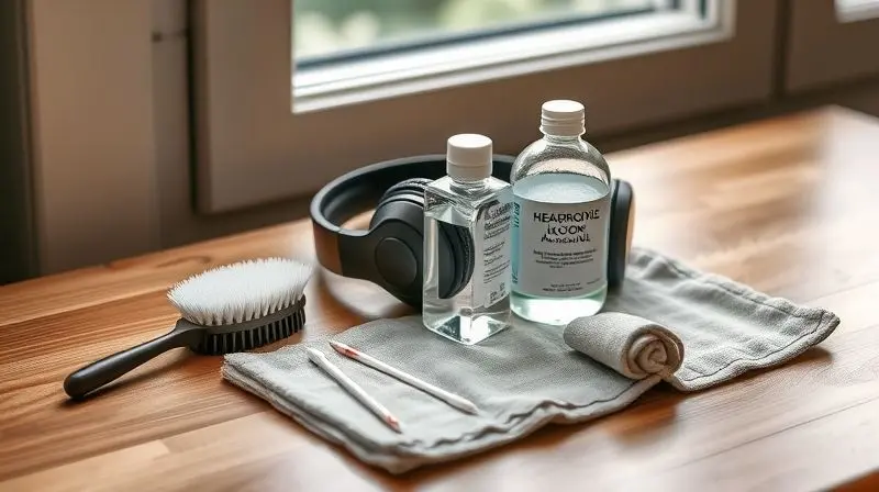 Kit de limpeza essencial para fones de ouvido, incluindo álcool isopropílico, escova macia, cotonetes e pano de microfibra sobre uma mesa.