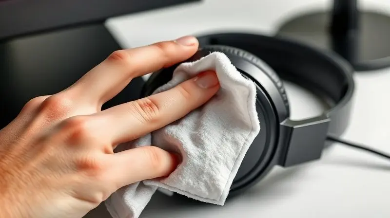 Mão limpando a almofada de couro de um headphone grande (over-ear) com um pano de microfibra para garantir a higiene e durabilidade.